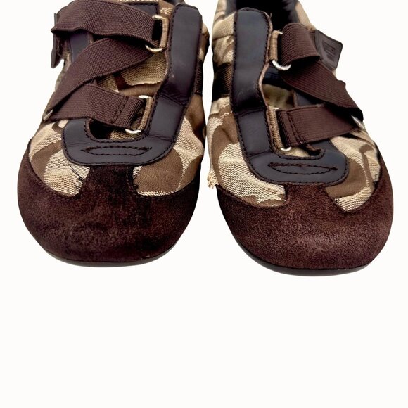 Coach Brown Monogram Canvas & Suede Kyrie Velcro Strap Sneakers Size 7 - Picture 8 of 11